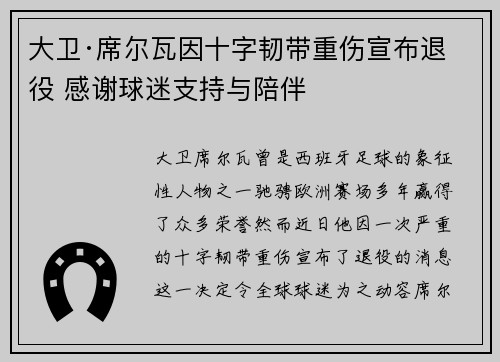 大卫·席尔瓦因十字韧带重伤宣布退役 感谢球迷支持与陪伴